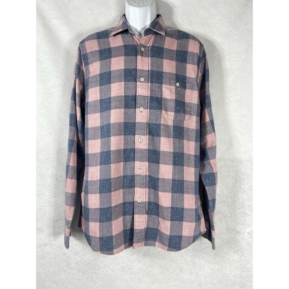 Faherty Shirt Men's Medium Gray Pink Button Up Long Sleeve Plaid Cotton Preppy